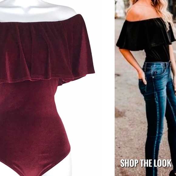 Lavendar Field Tops - Velvet Off The Shoulder Ruffle Bodysuit